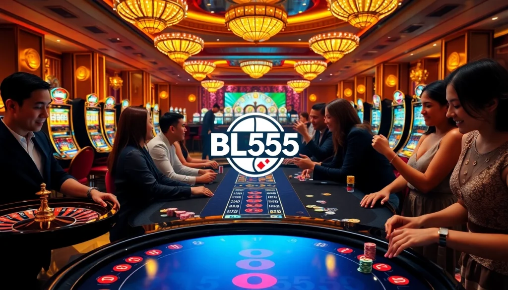 Exciting BL555 casino game scene showcasing players engaged at roulette and poker tables.