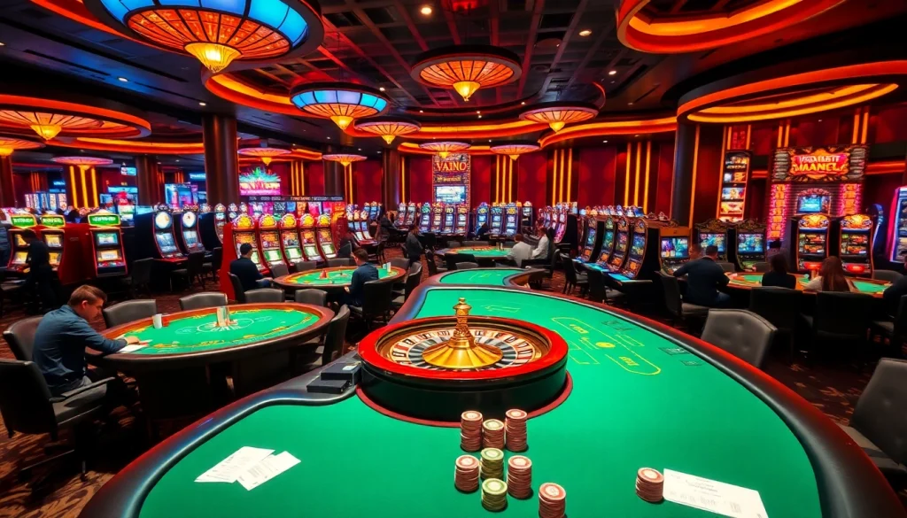 Experience VAOBET's thrilling casino atmosphere with vibrant poker tables, lively players, and exciting roulette action.