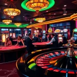 Experience the thrill of VAOBET as players engage in high-stakes poker amidst the excitement of flashing slot machines.