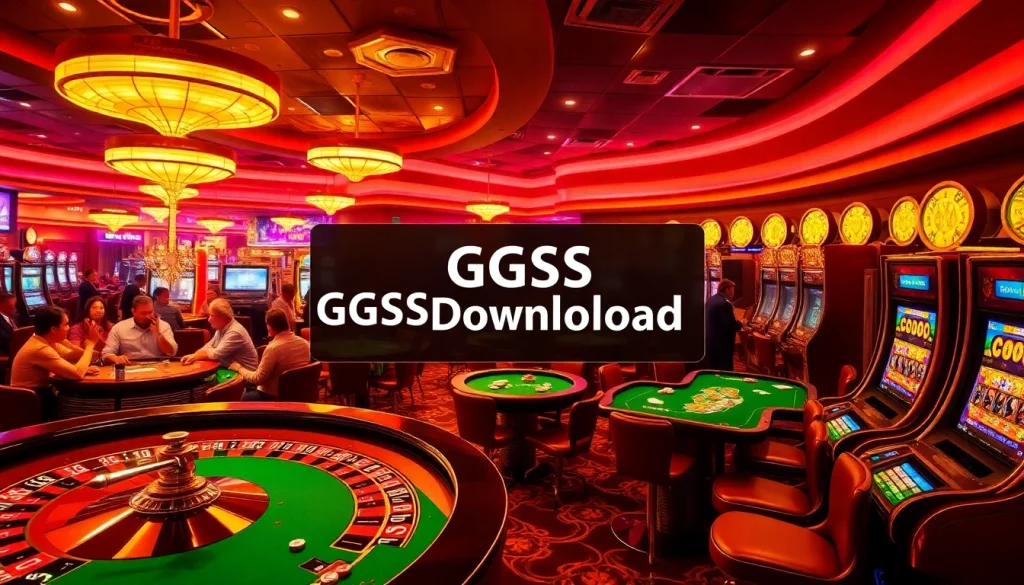 Experience the thrill of the casino with GGSS Download featured on a vibrant slot machine backdrop, showcasing engaging gambling activities.
