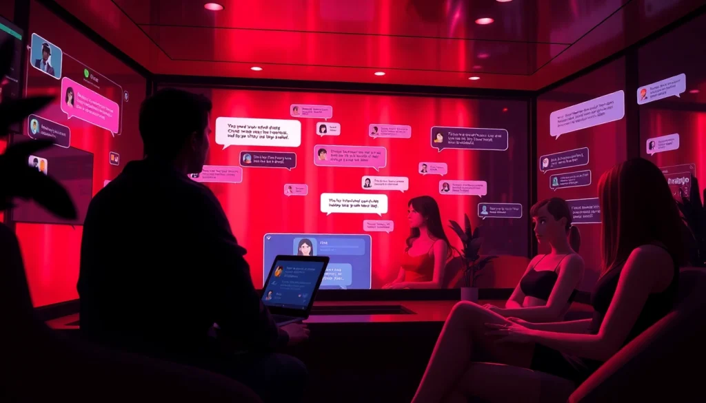 Engaging sex chat AI interface with vibrant avatars and flirtatious chat bubbles.